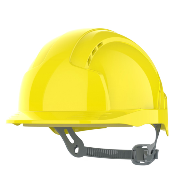 Kask ochronny EVOLite wentylowany regulacja paskiem przesuwnym mikro daszek żółty - JSP