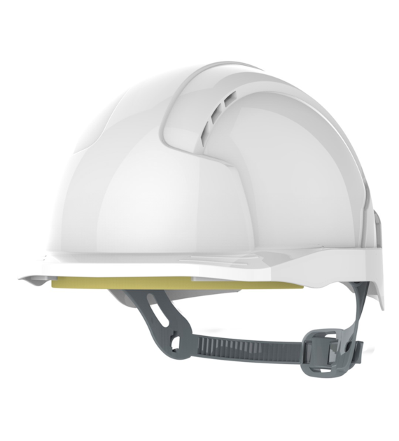 Kask ochronny EVOLite wentylowany regulacja paskiem przesuwnym mikro daszek biały - JSP