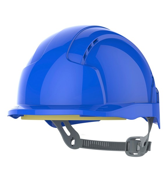 Kask ochronny EVOLite wentylowany regulacja paskiem przesuwnym mikro daszek niebieski - JSP