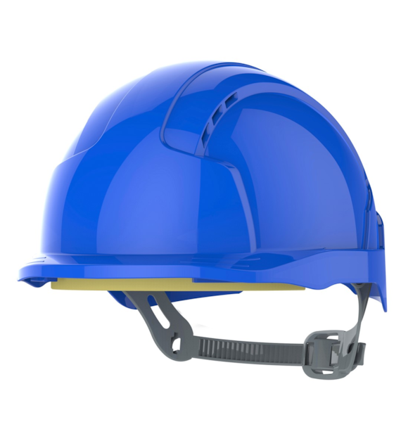 Kask ochronny EVOLite wentylowany regulacja paskiem przesuwnym mikro daszek niebieski - JSP
