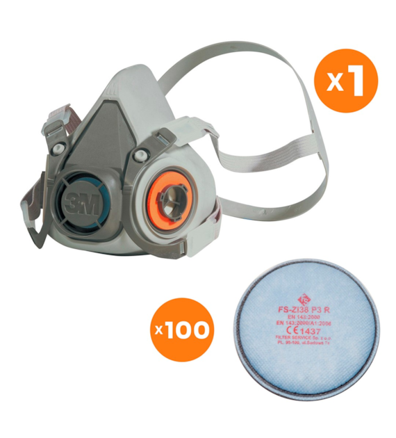 Zestaw filtry ZI38 P3 (100 szt.) + półmaska 3M 6200 M (1 szt.)